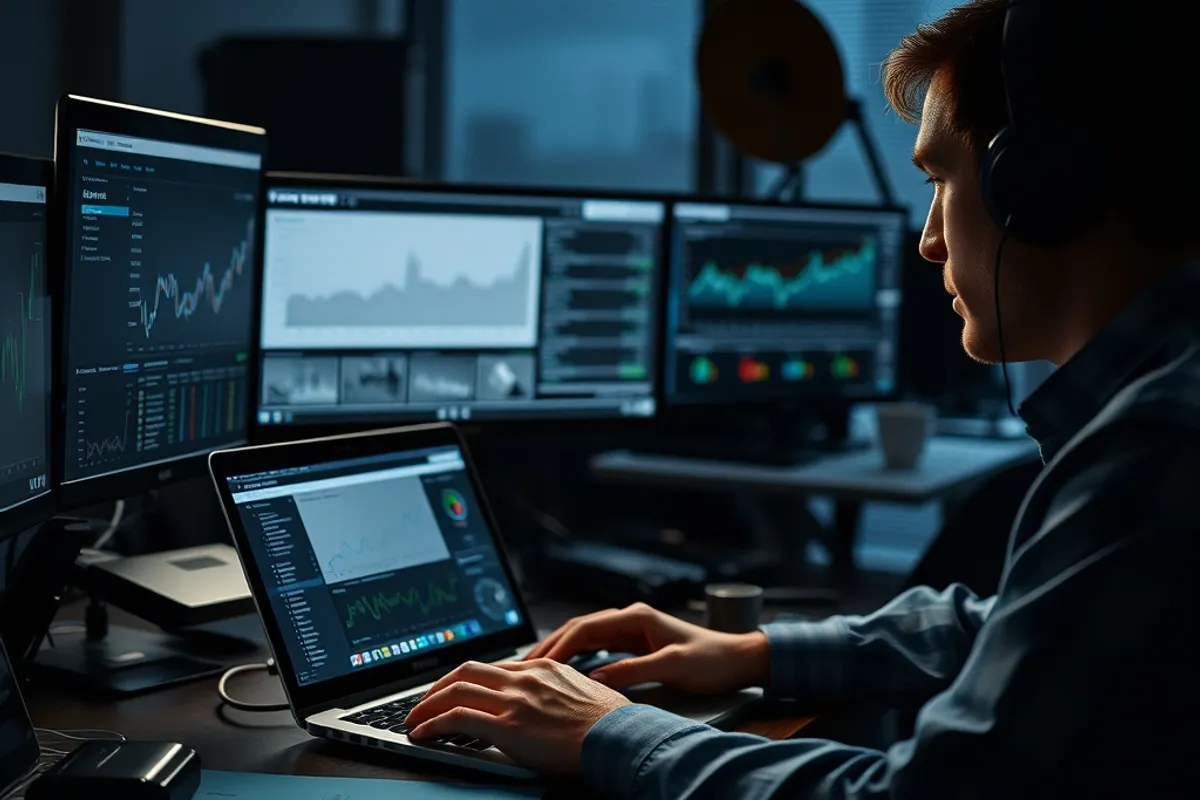A journalist editing a story on a laptop with a second screen showing charts