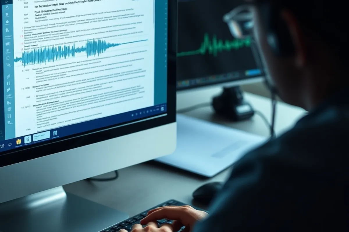 A reporter reviewing a transcript and audio waveform on a computer screen