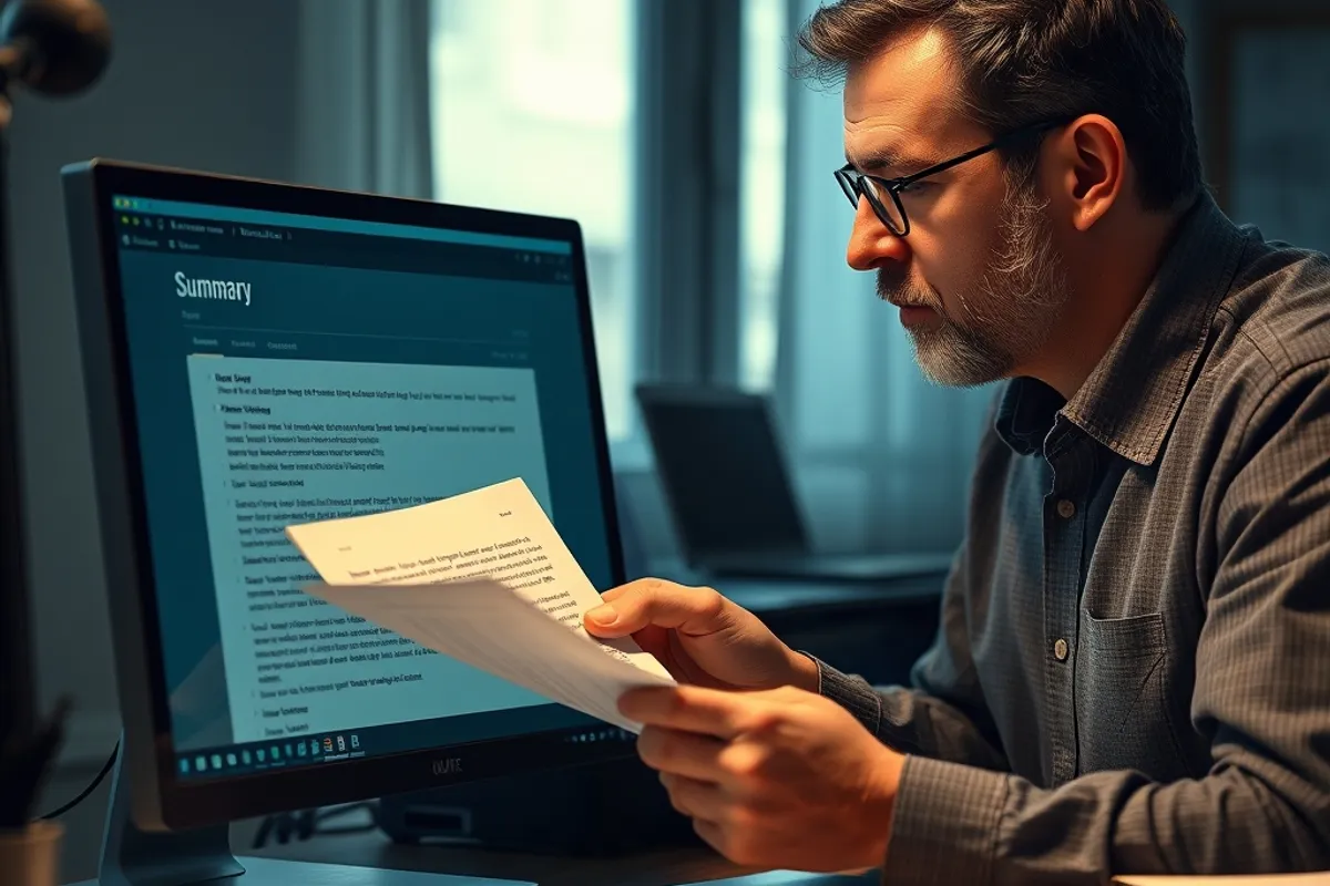 An editor comparing an automated summary with a printed source document