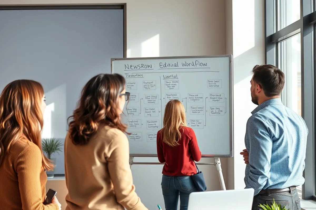 A newsroom team discussing an editorial workflow on a whiteboard