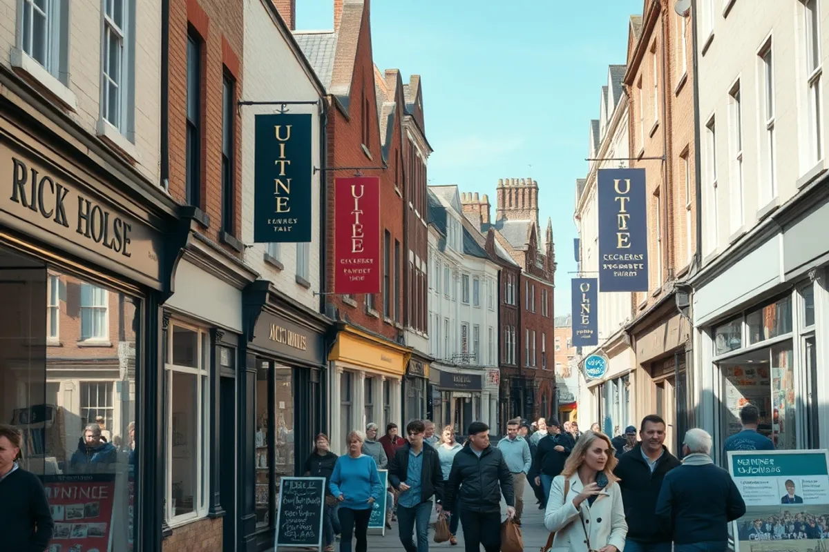 A busy town high street with independent shops and pedestrians in daylight