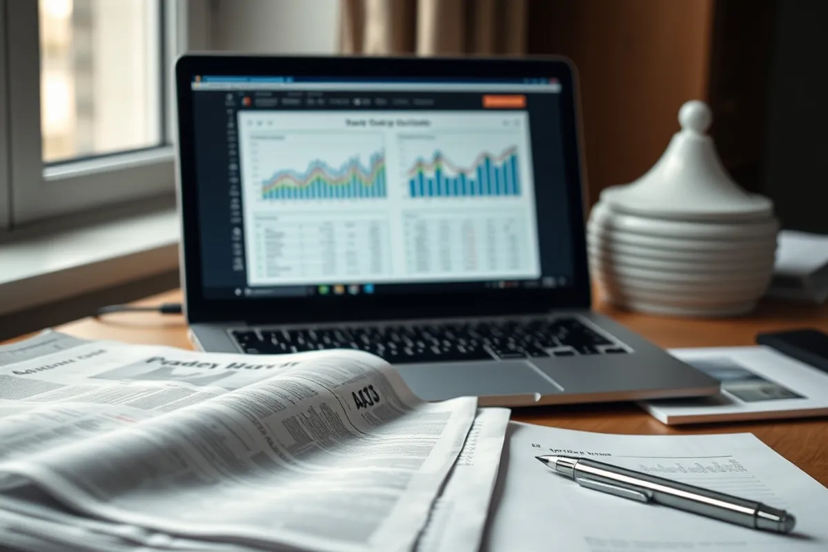 Newspapers and a notebook on a desk beside a laptop showing data charts