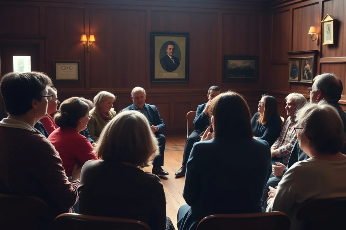 A group of people in a community hall taking part in a facilitated discussion