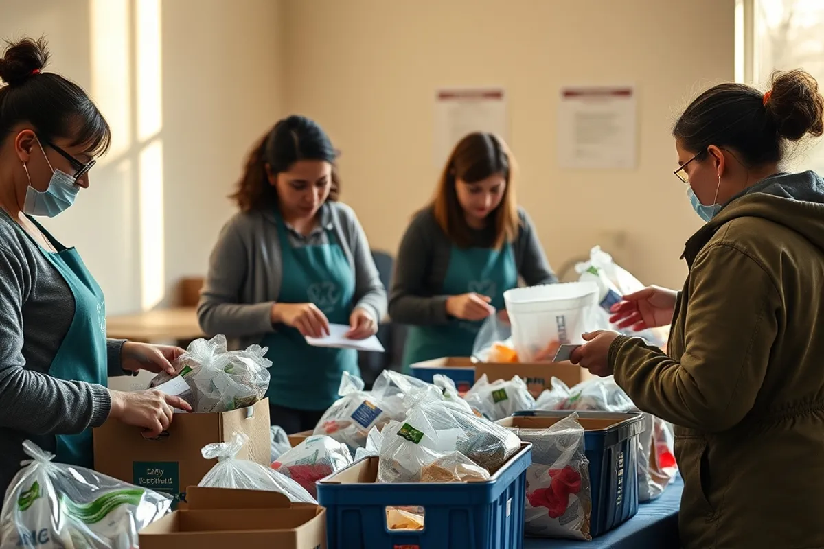 Volunteers sorting donations at a community centre table