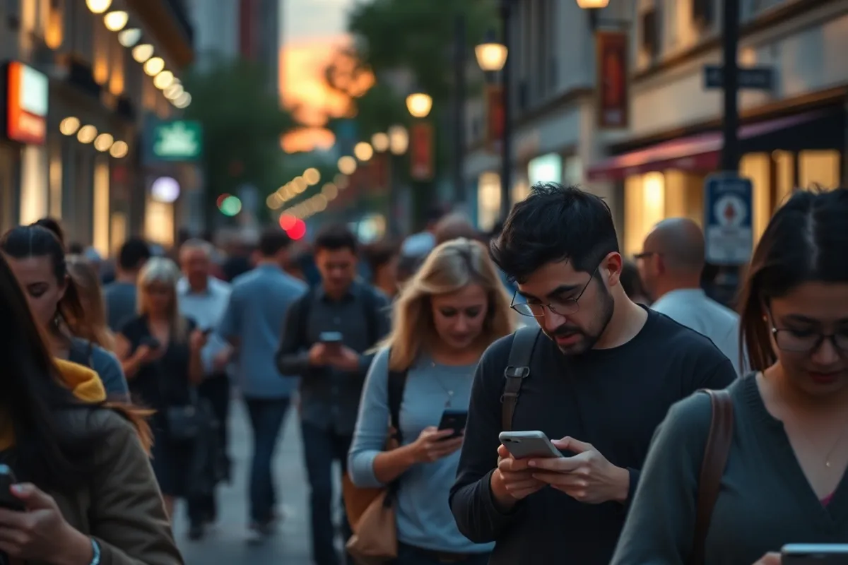 People checking their phones on a city street during a warm evening