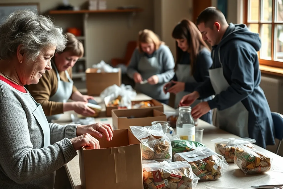 Volunteers packing food parcels at a community centre