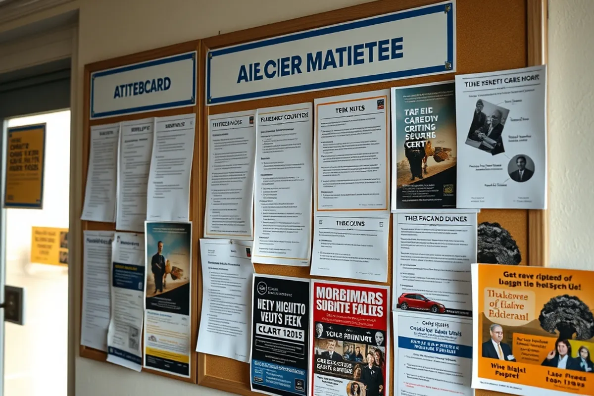 A community noticeboard covered with sign-up sheets and local event posters