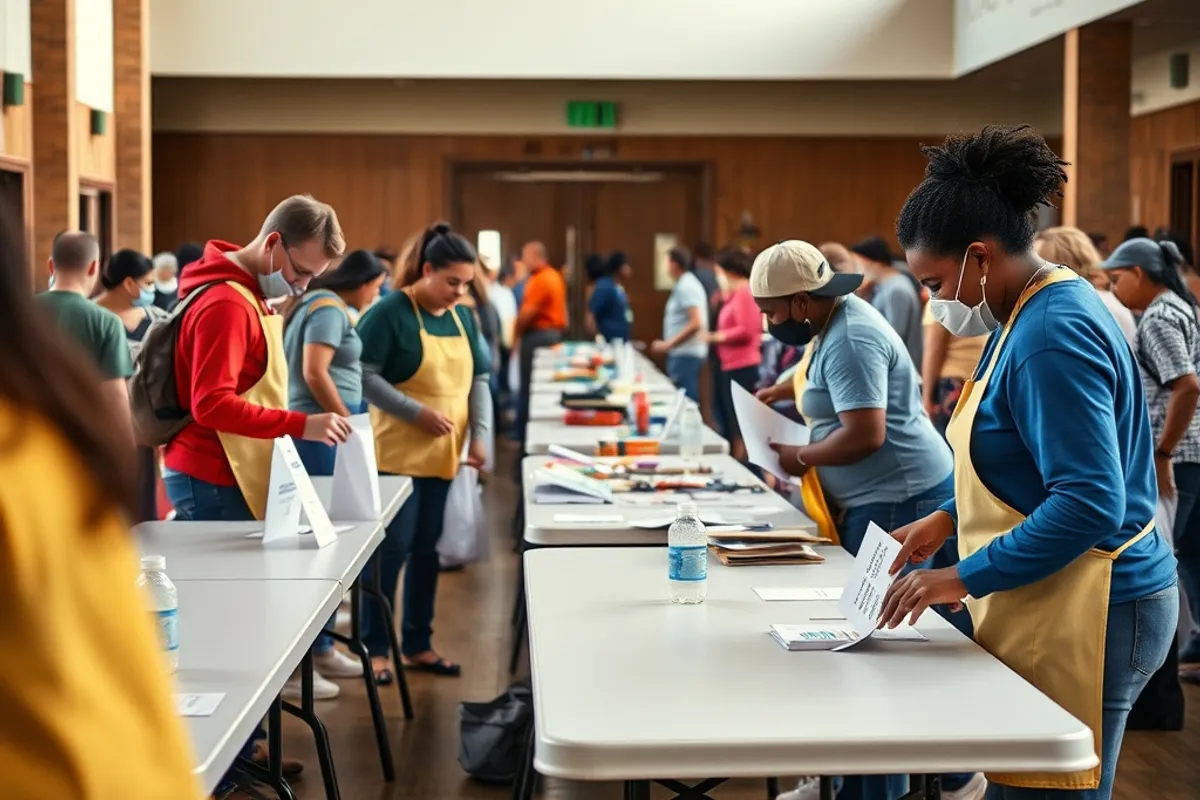 A diverse group of volunteers setting up tables for a community event