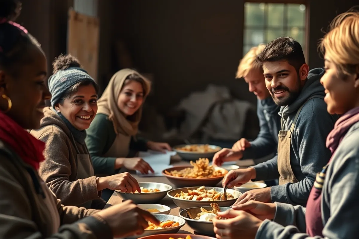 Volunteers sharing a meal after a morning of community work