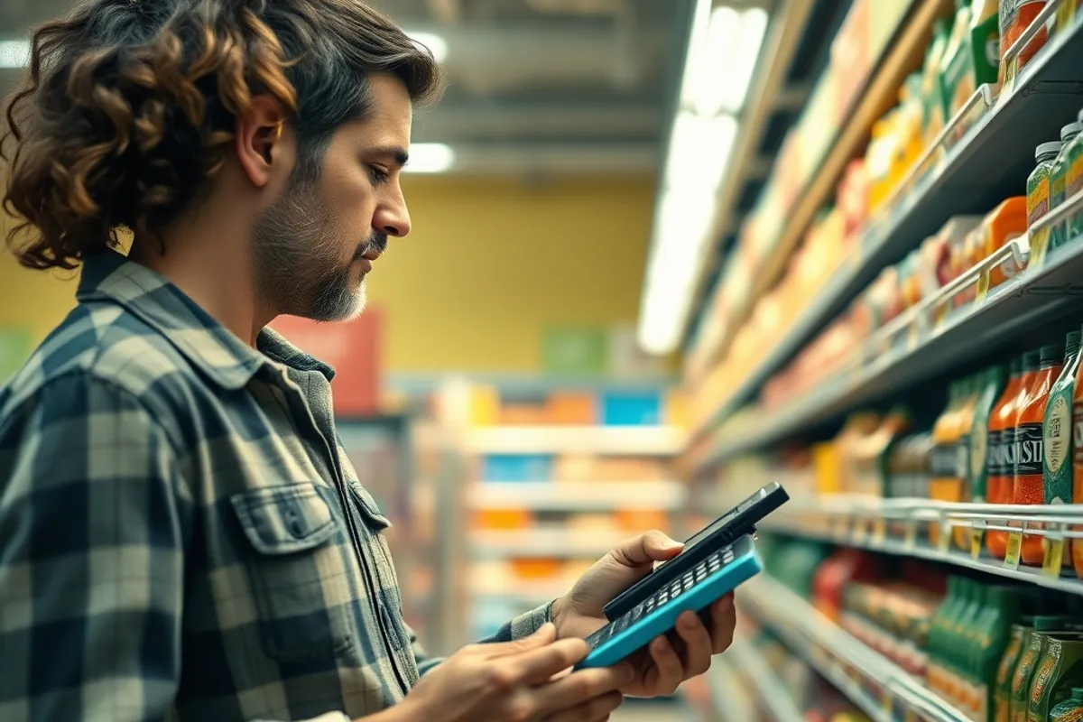A shopper comparing prices on a supermarket shelf with a calculator