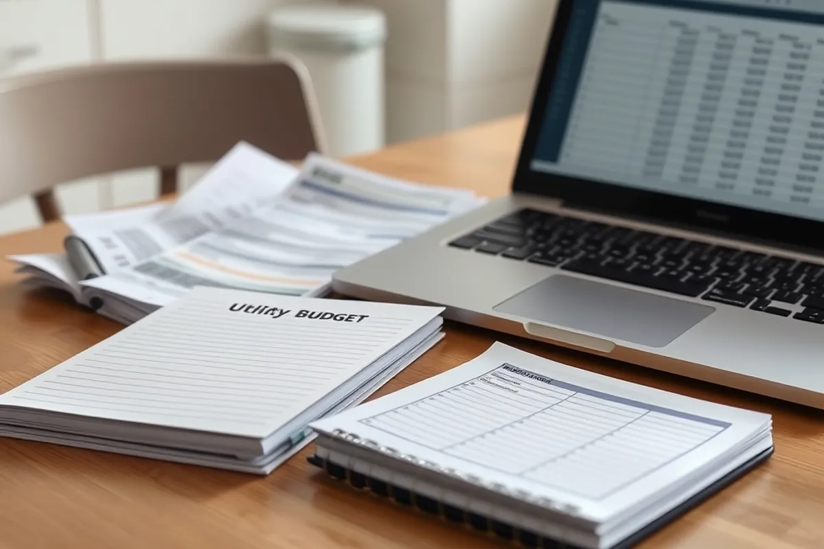 A household budget notebook beside bills and a laptop showing a spreadsheet