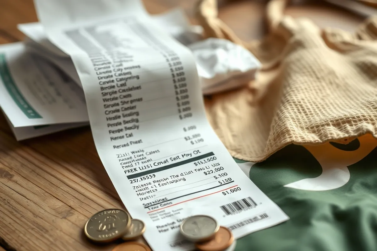 A supermarket receipt and coins on a table beside a reusable shopping bag