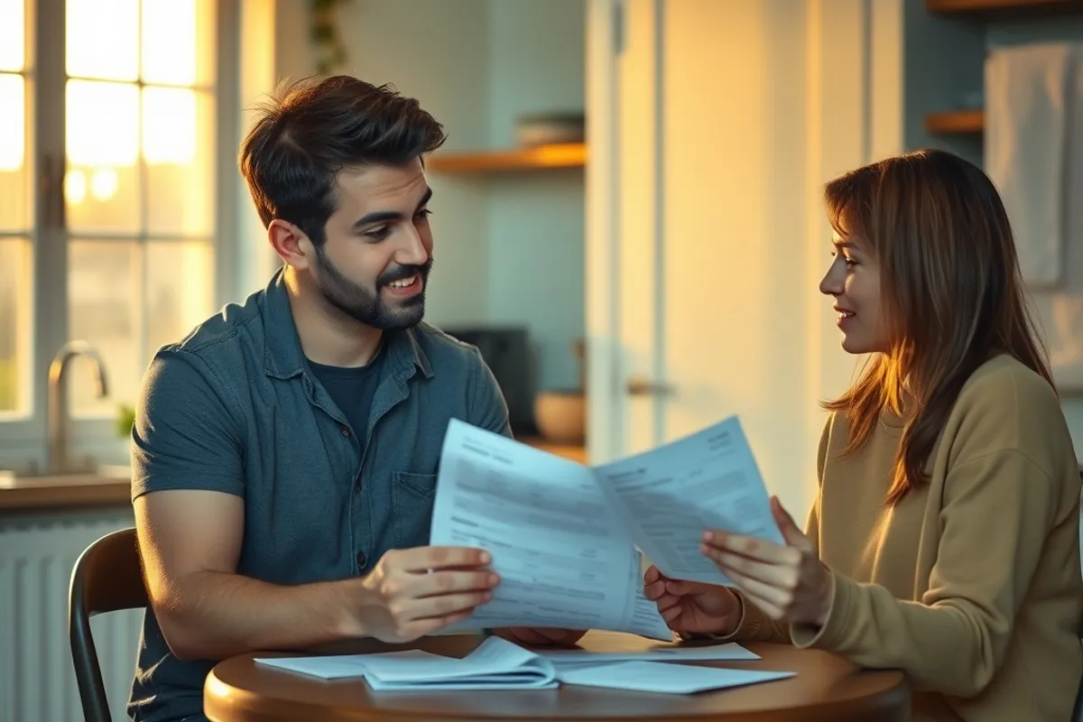 A young couple reviewing rent and utility bills at a small kitchen table