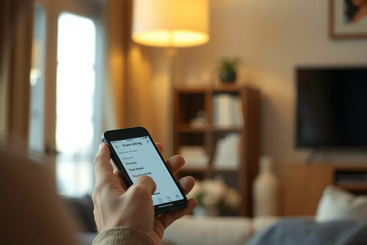 A person reviewing privacy settings on a smartphone in a living room