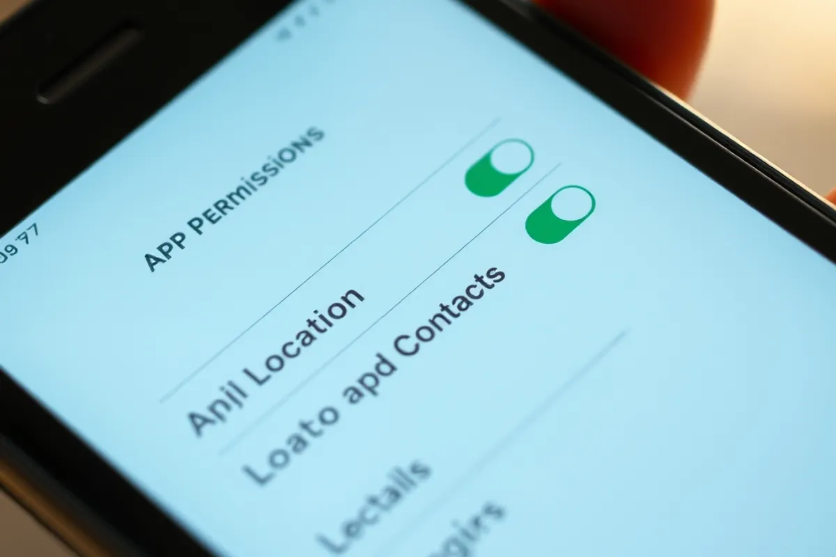 A phone screen showing a list of app permission toggles for location and contacts