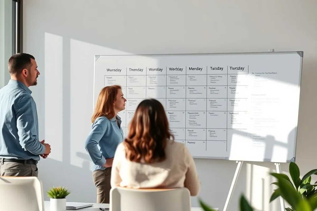 A team reviewing a weekly schedule on a whiteboard in a bright office