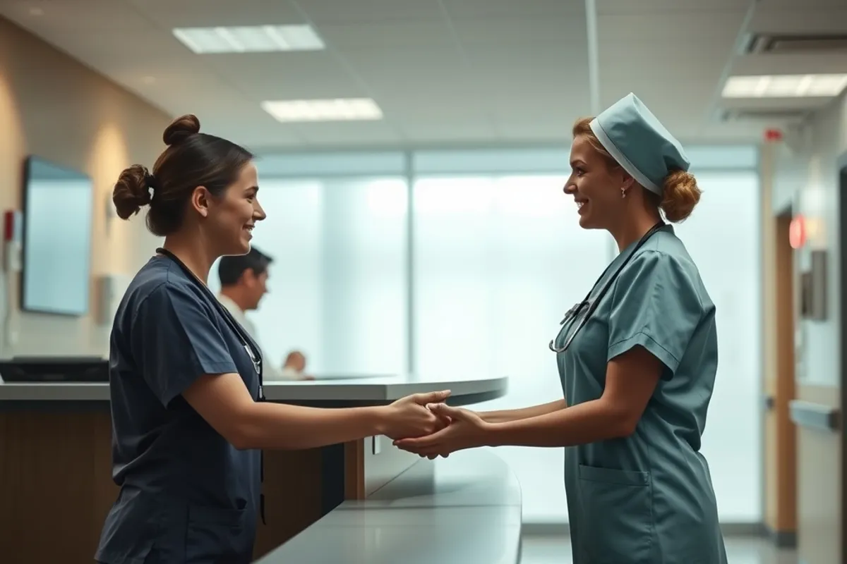 A nurse handing over a shift to a colleague at a hospital reception desk