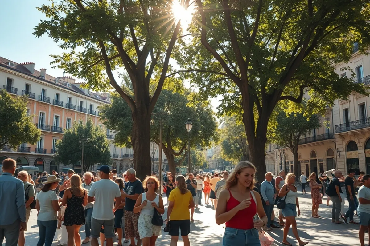 People seeking shade under trees in a sunlit city square during a heatwave
