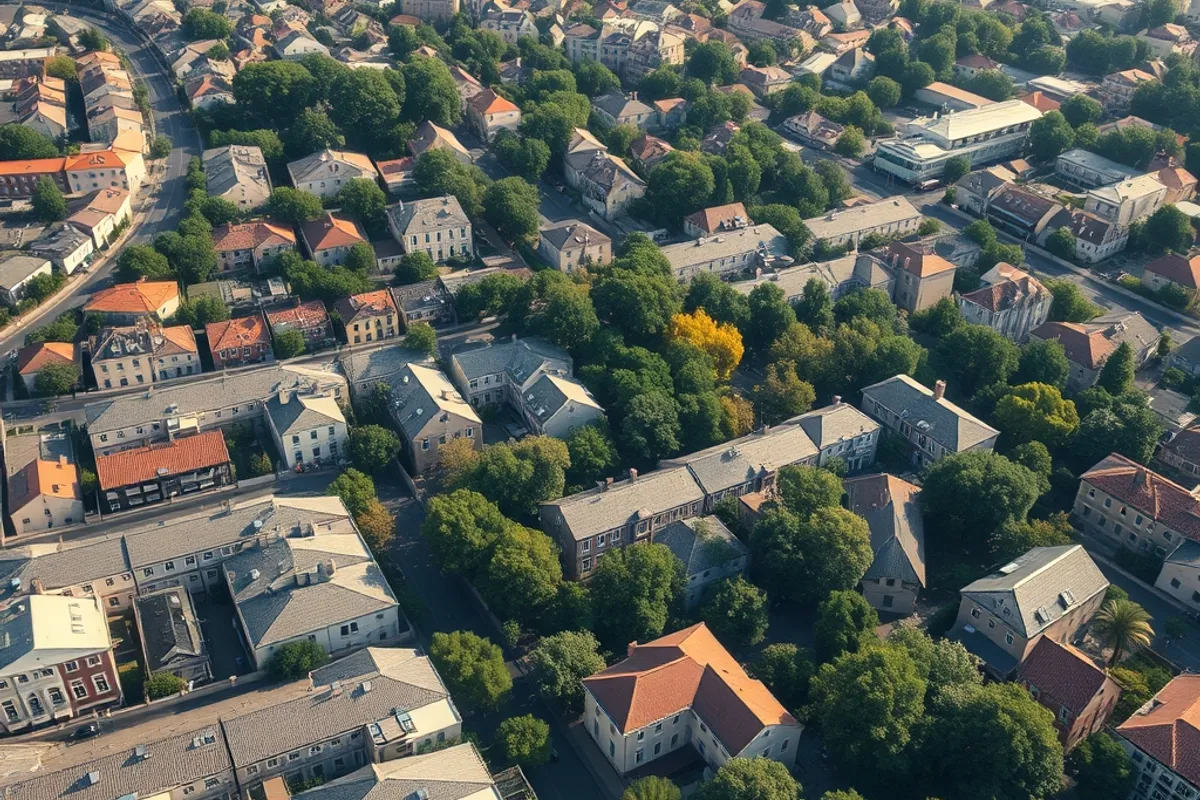 An aerial view of a dense city neighbourhood with very little tree cover