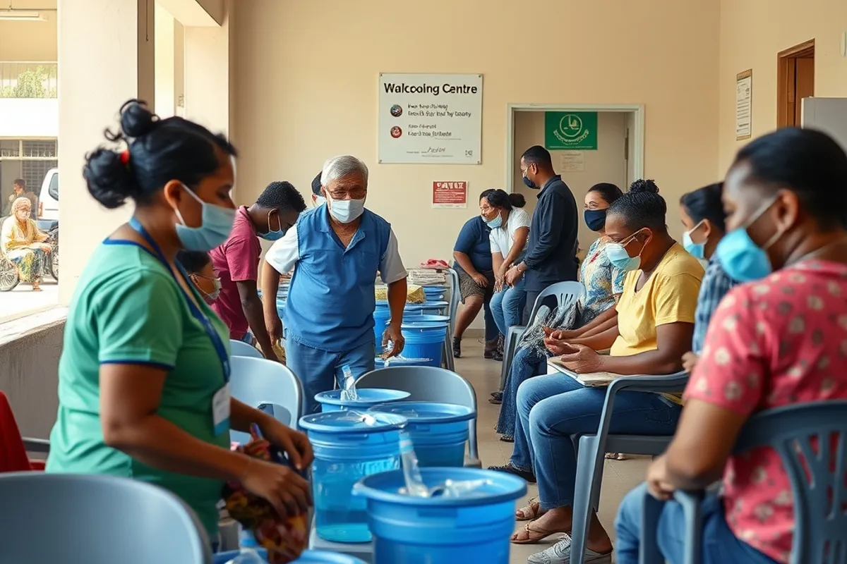 A community cooling centre with water, chairs and volunteers assisting residents