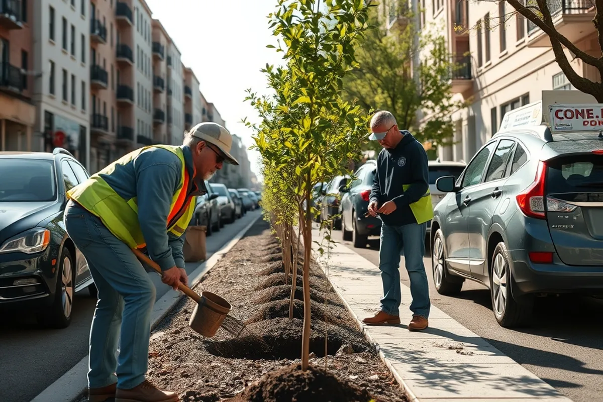 Workers planting young trees along a paved urban street