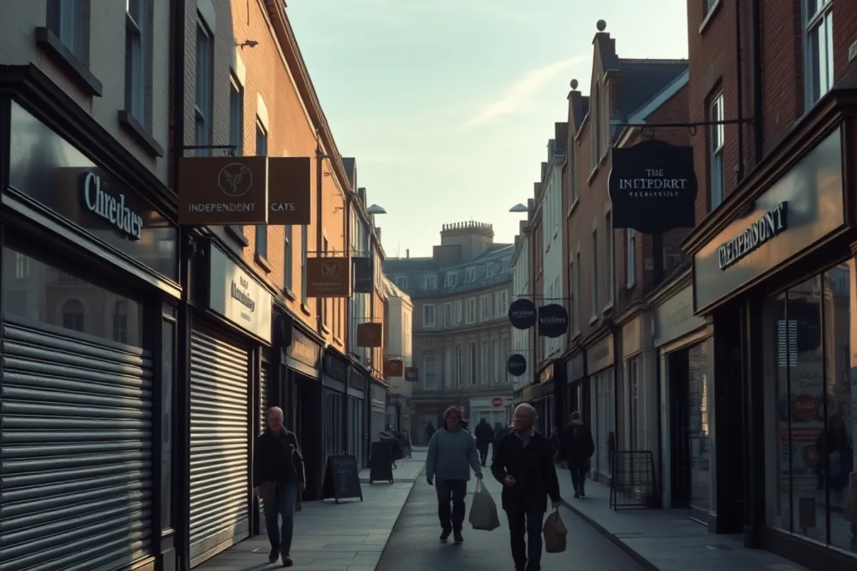 A high street with a mix of independent shops and several empty units