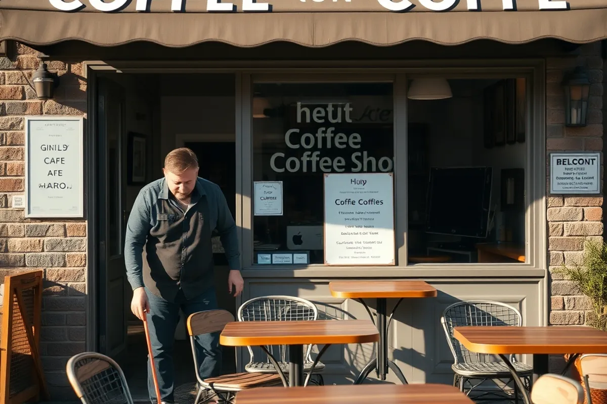 A cafe owner arranging tables outside a small independent coffee shop