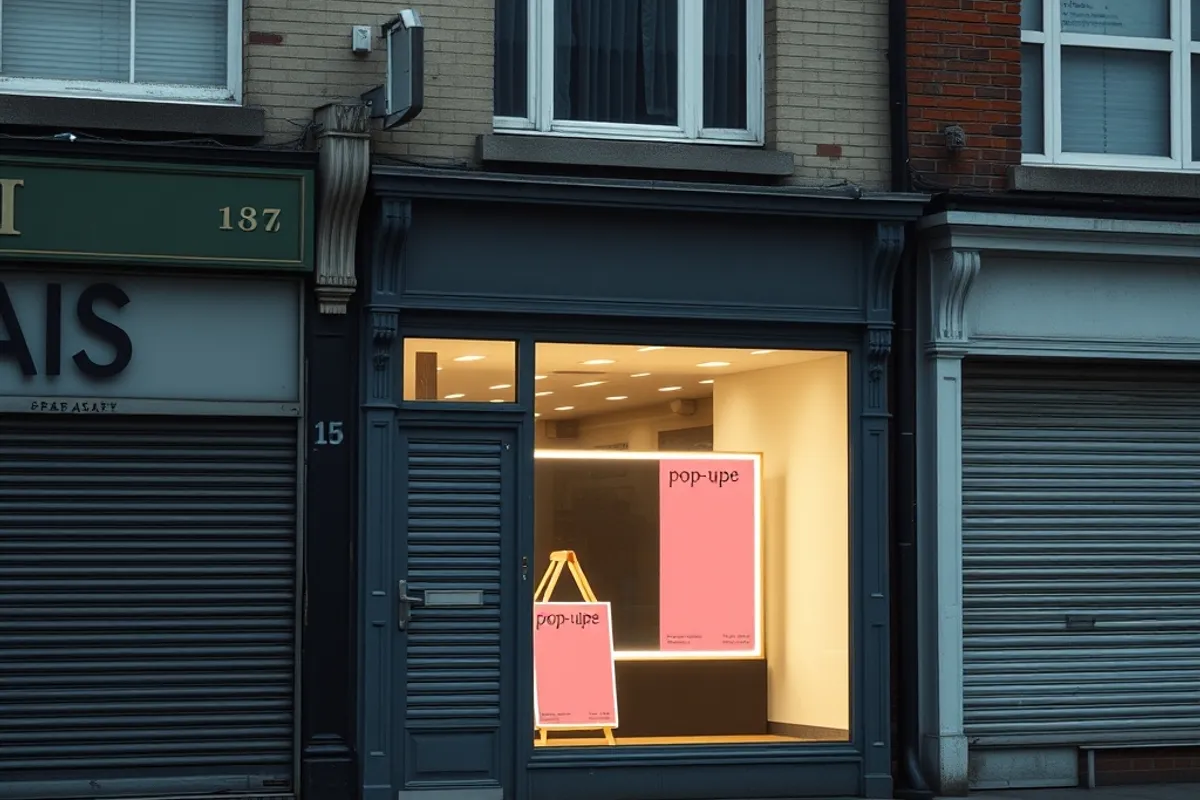 A row of shop windows with one brightly lit pop-up store among closed units