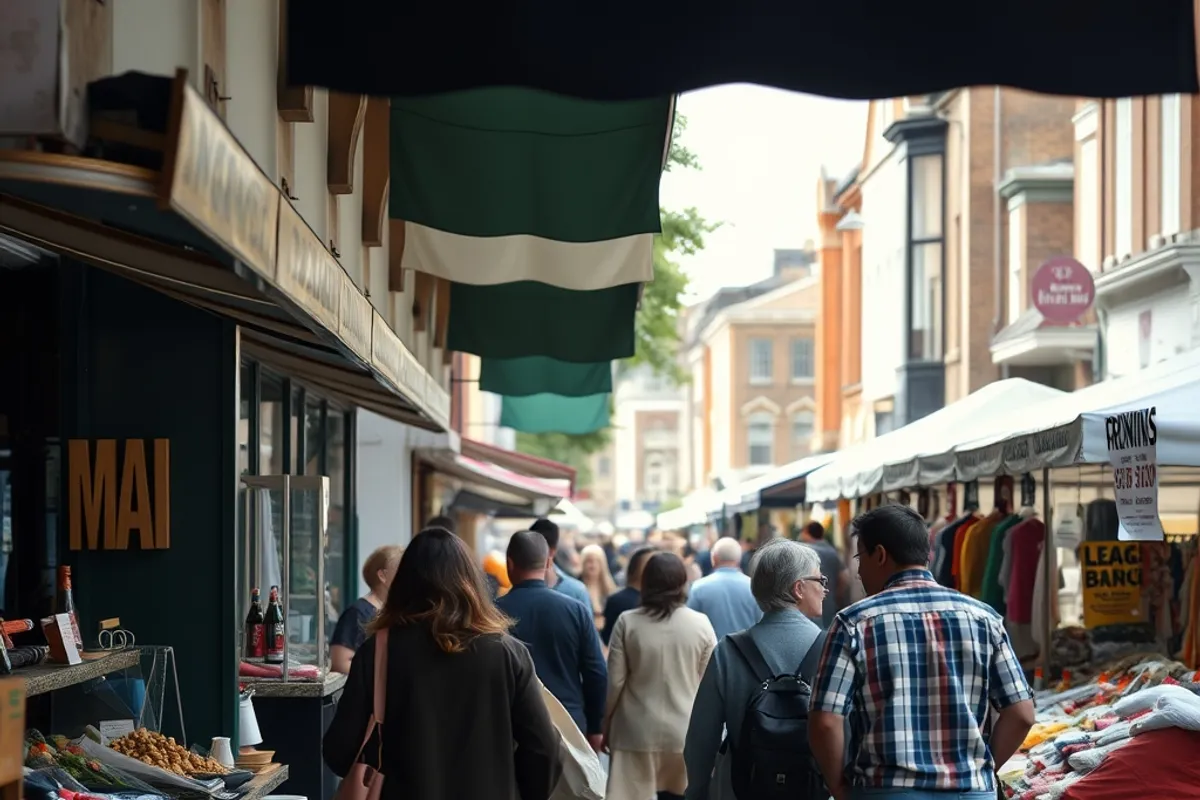 Shoppers browsing stalls at an outdoor weekend market on a town street