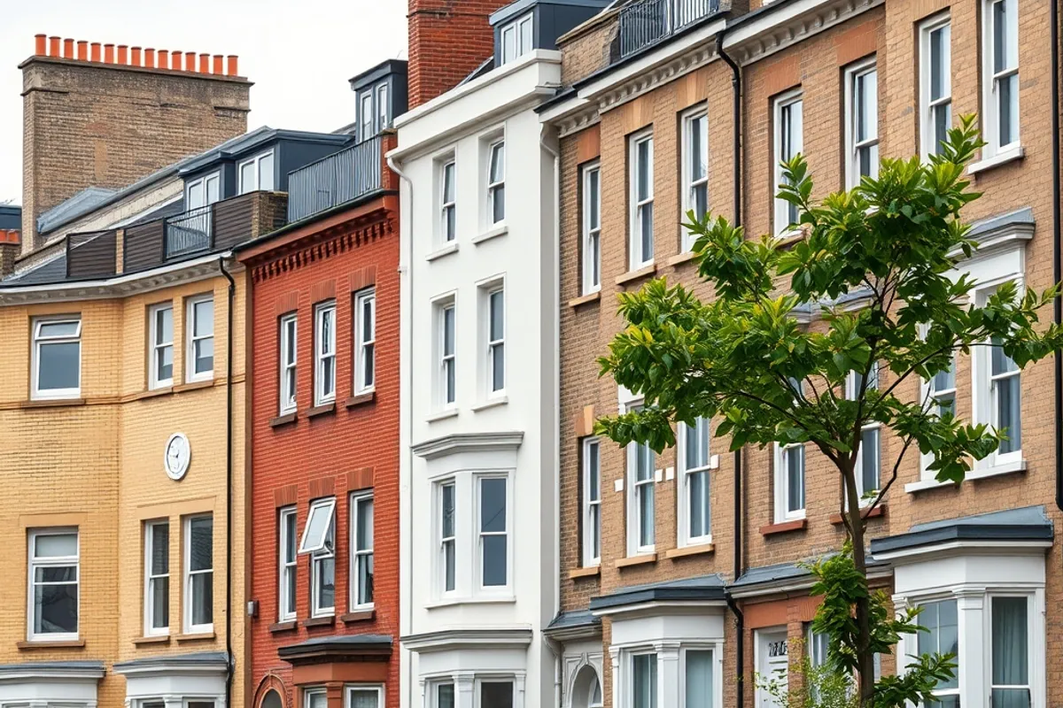 A row of new apartment buildings beside older terraced houses in a city