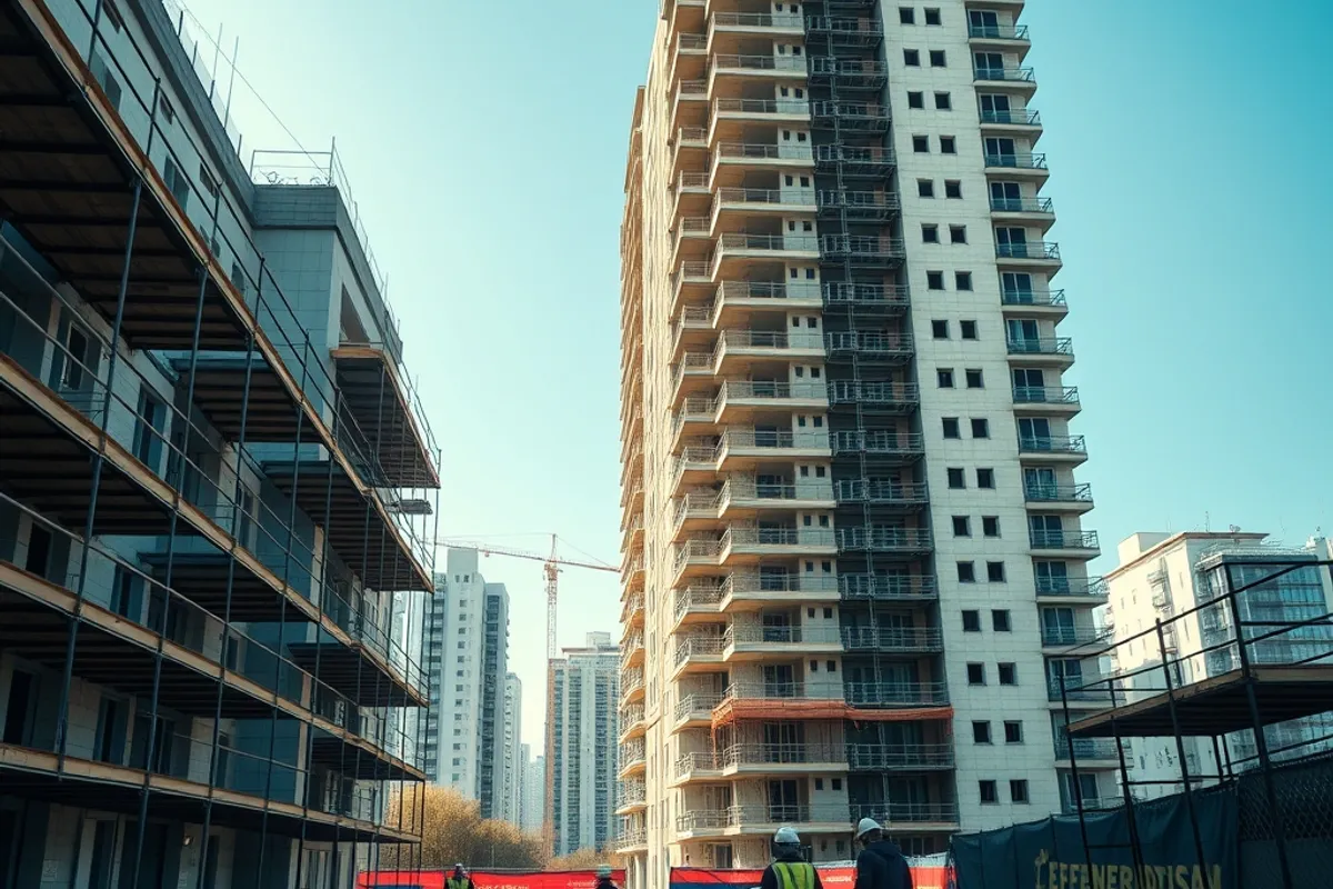 Construction workers on the site of a mid-rise housing development
