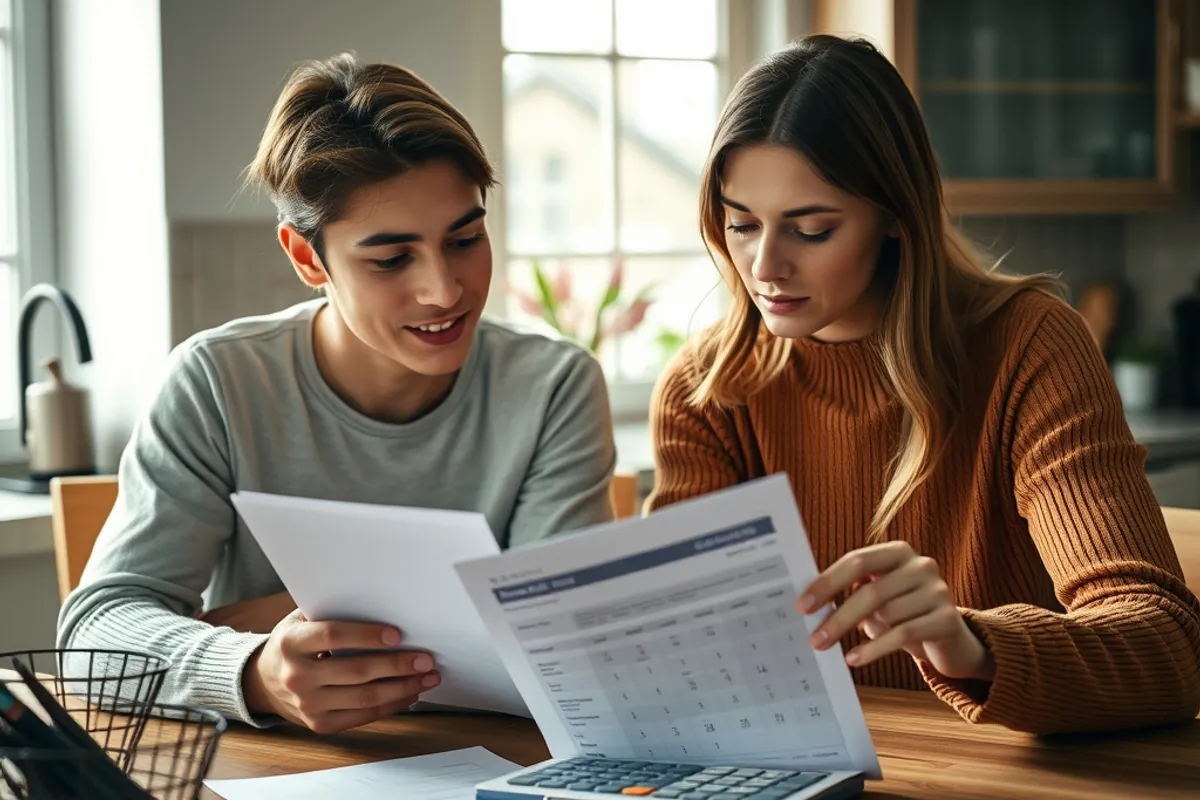A young couple reviewing savings and a mortgage affordability calculator