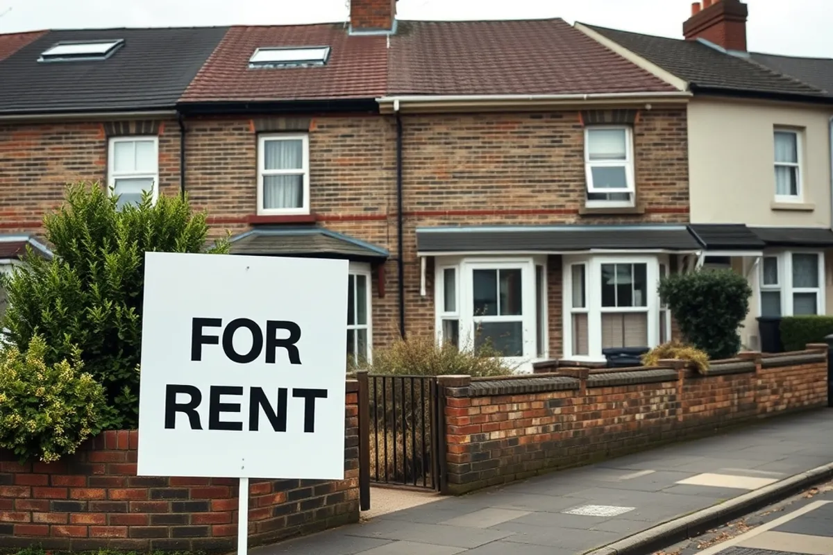 A for-rent sign in front of a terraced house on a residential street