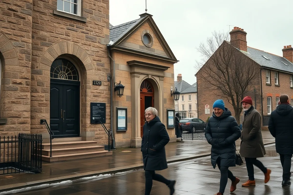 A stone town hall with residents walking past on a winter morning