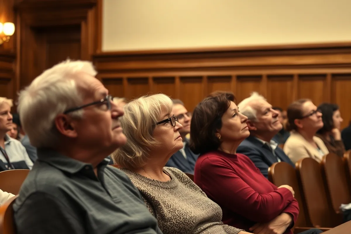 Residents seated in a council chamber listening to a public budget meeting