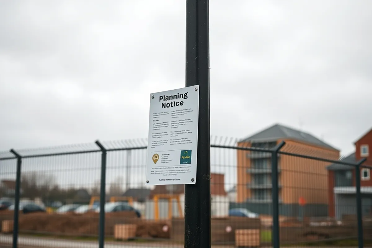 A planning notice fixed to a lamp post beside a proposed development site