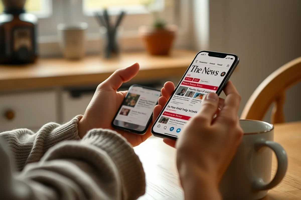 A person scrolling news headlines on a phone at a kitchen table