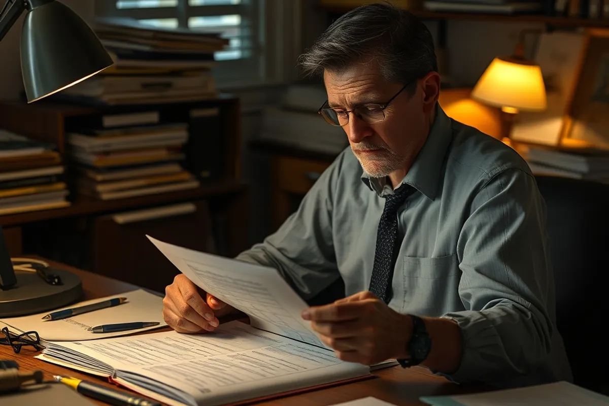An editor reviewing article drafts and a corrections log on a desk