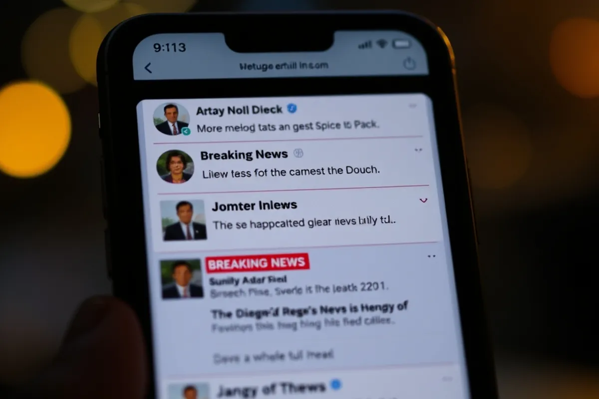 A phone screen showing a crowded social media feed with multiple news alerts